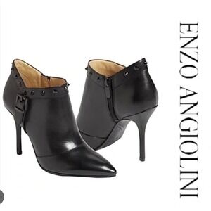Enzo Angiolini Presly Black Leather Studded Stiletto Ankle Boots  Size 7 M